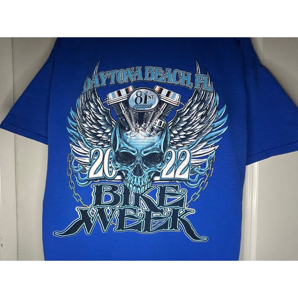 Bike‎ Week Flying Skull Chains Grunge Skeleton Graphic Daytona Beach Biker Shirt